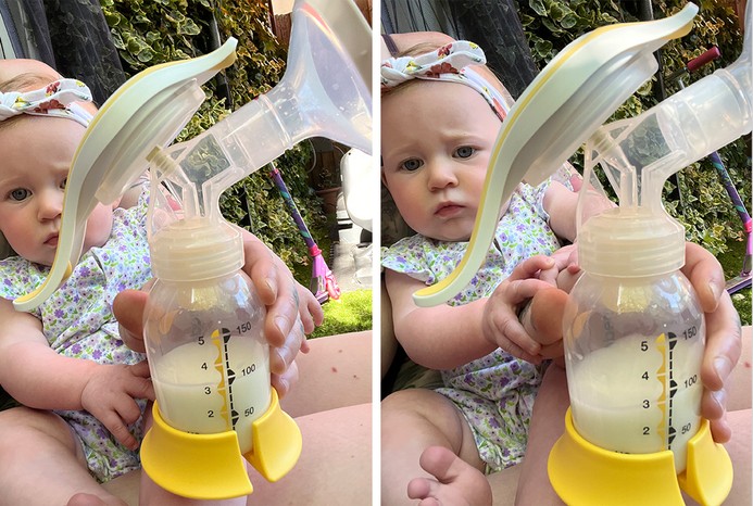 2 pictures of baby holding Medela Harmony Flex Manual Breast pump 2 pictures of baby holding Medela Harmony Flex Manual Breast pump