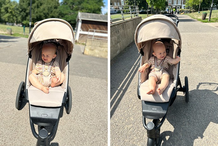 2 pictures of baby sitting in Cybex Avi Spin pushchair