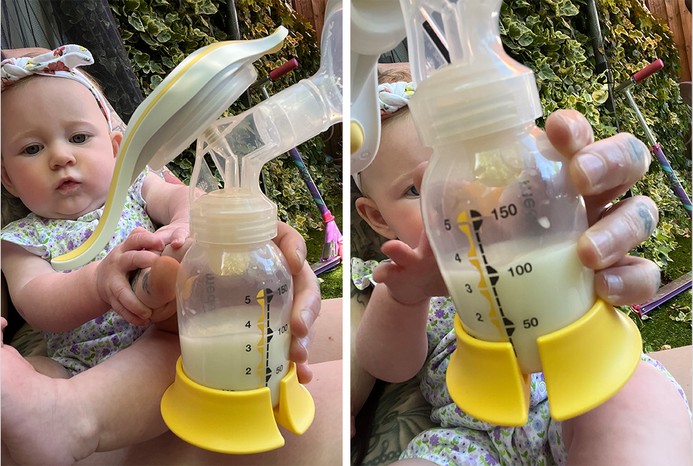 2 pictures of baby with milk in Medela Harmony Flex Manual Breast pump 2 pictures of baby with milk in Medela Harmony Flex Manual Breast pump