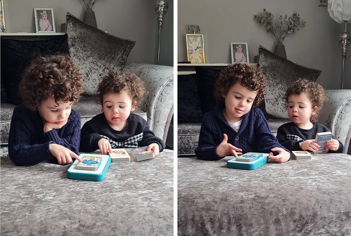 2 pictures of children playing with Voxblock audio player
