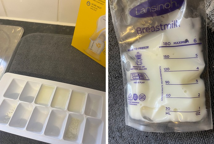 2 pictures of expressed milk in ice cube trays and storage bag