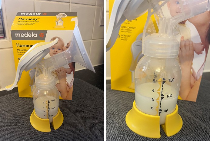 2 pictures of expressed milk in Medela Harmony Flex Manual Breast pump