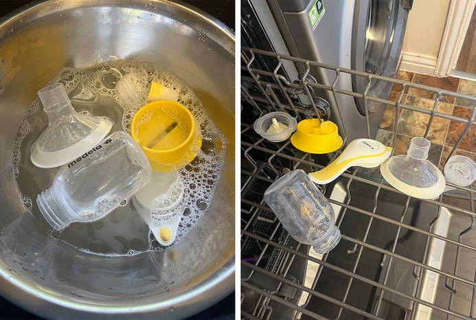 2 pictures of Medela Harmony Flex Manual Breast pump parts being washed in bowl and dishwasher 2 pictures of Medela Harmony Flex Manual Breast pump parts being washed in bowl and dishwasher