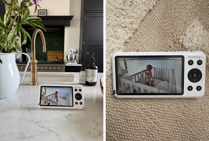2 pictures of parent monitor of Momcozy 5-Inch Dual-Mode Smart Baby Monitor on worktop