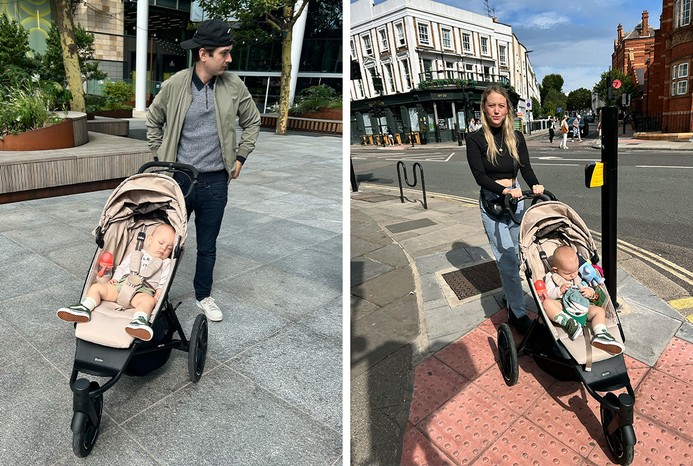2 pictures of parents pushing baby in Cybex Avi Spin pushchair 2 pictures of parents pushing baby in Cybex Avi Spin pushchair