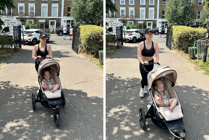 2 pictures of reviewer running with baby in Cybex Avi Spin pushchair 2 pictures of reviewer running with baby in Cybex Avi Spin pushchair