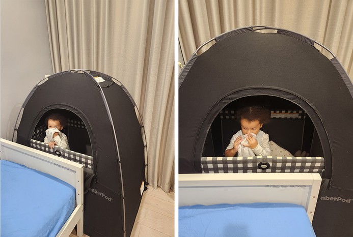 2 pictures of toddler in SlumberPod Blackout Sleep Tent 2 pictures of toddler in SlumberPod Blackout Sleep Tent
