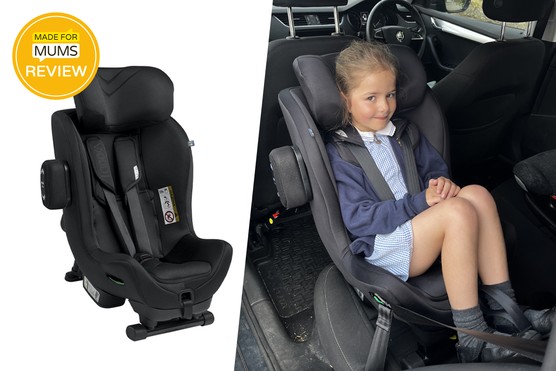 Axkid Minikid 3 A collage showing a six year old in the Axkid Minikid 3 car seat, alongside a studio shot of the car seat
