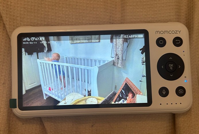 Close-up of Momcozy 5-Inch Dual-Mode Smart Baby Monitor parent unit