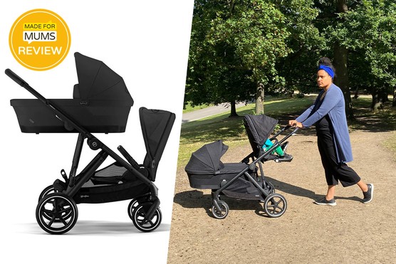 Cybex Gazelle S review with studio image of pushchair and image of reviewer with children in pushchair