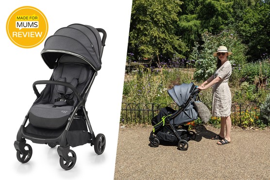 eggZ Header Image showing product shot of stroller and reviewer Jenny pushing stroller