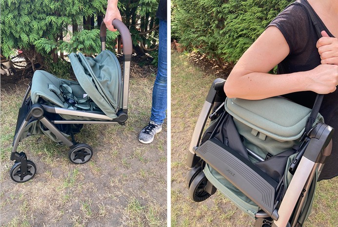 Folding Joolz Aer2 pushchair and the buggy folded over shoulder Folding Joolz Aer2 pushchair and the buggy folded over shoulder