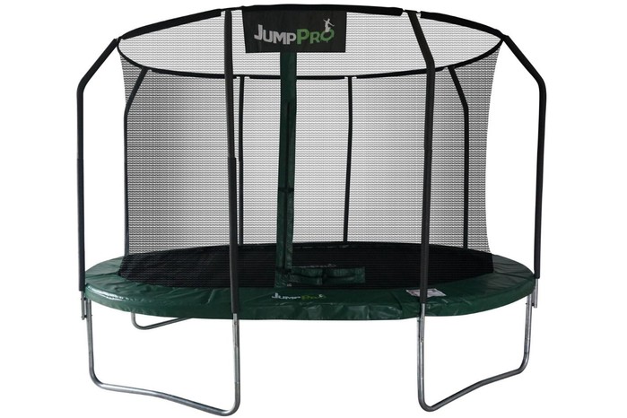 JumpPRO 15ft x 10ft Xcite Green Oval Trampoline with Enclosure Studio shot of the JumpPRO 15ft x 10ft Xcite Green Oval Trampoline with Enclosure
