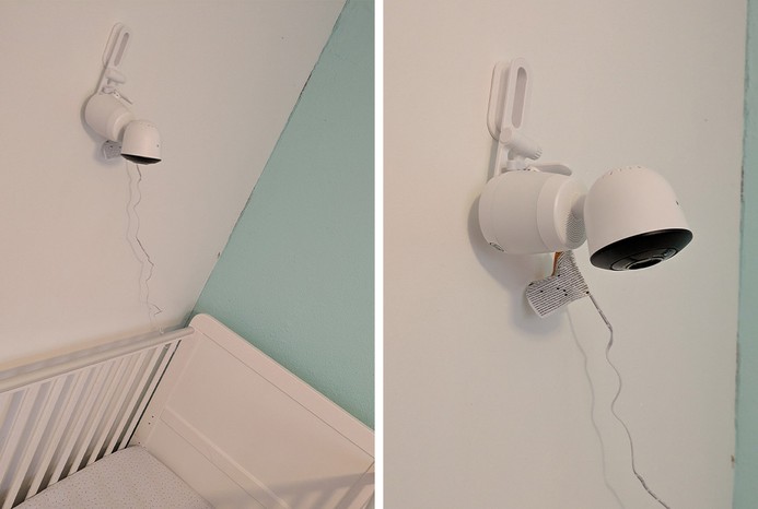 LeapFrog LF2936FHD baby monitor camera installed on wall above baby's crib