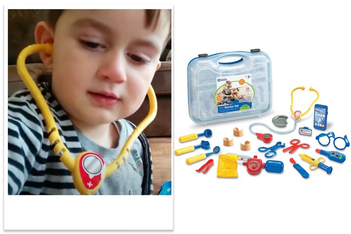 learning resources Pretend & Play Doctor Set with child tester Isaac Learned Resources Pretend & Play Doctor Set with child tester