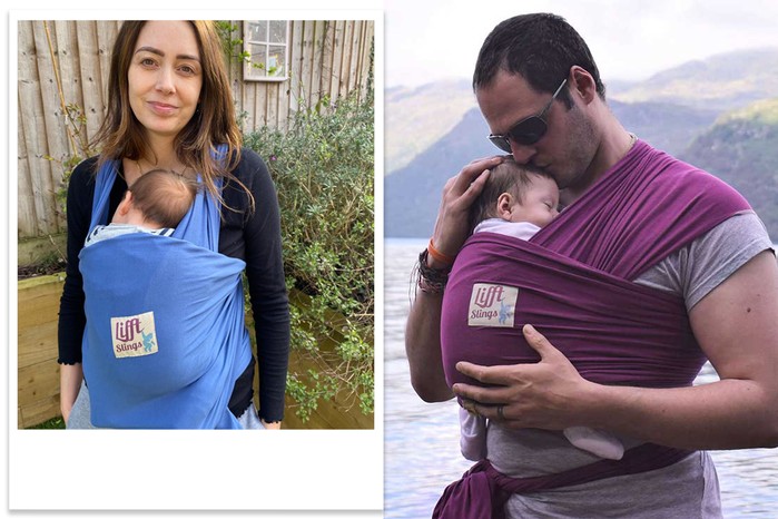A collage of both a man and woman using the lifft stretchy wrap
