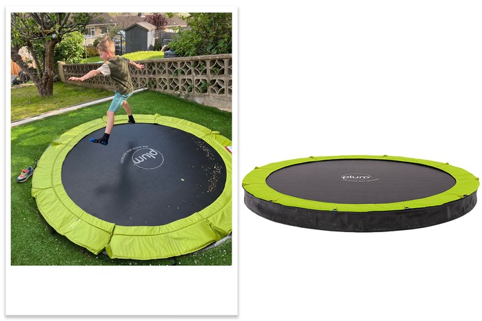 Plum 8ft Circular In-Ground Trampoline A collage showing a boy jumping on the Plum 8ft Circular In-Ground Trampoline and the product shot in a studio