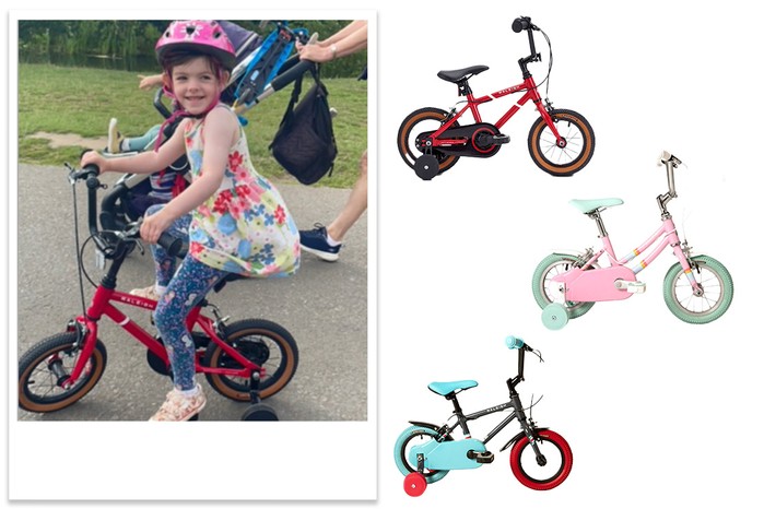 raleigh Pop - 12 inch Wheel Kids Bike Crossbar being tested by child