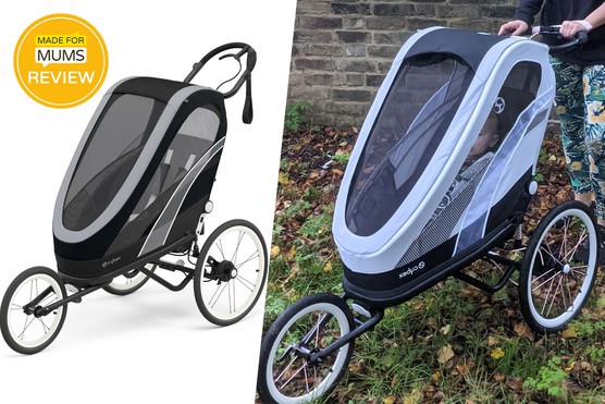 Cybex Zeno review A studio image of cybex Zeno pram and a real life shot of the pram outdoors