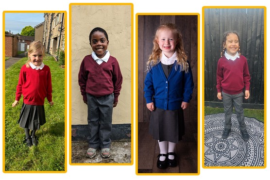 School Uniform 2024 header with 4 children dressed in uniform from Sainsbury's, Trutex, M&S and George Asda