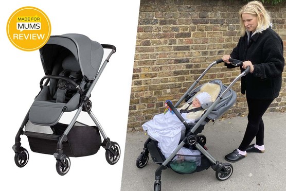 A collage of the silver cross dune pushchair in a studio alongside a woman steering it