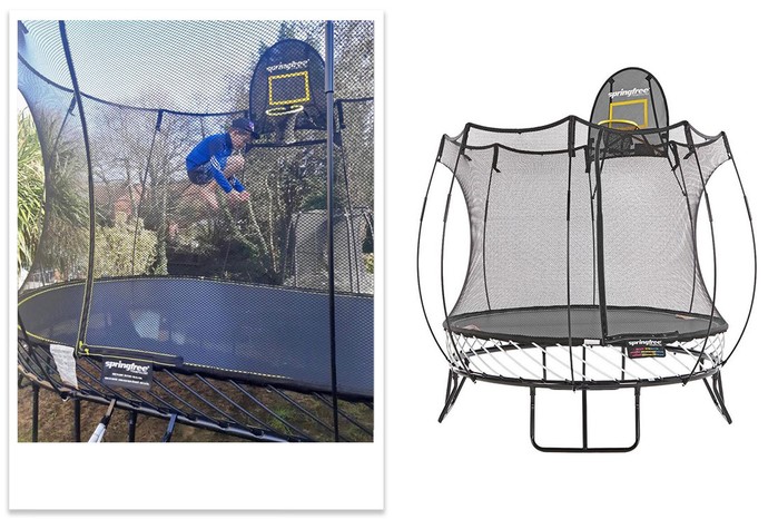 springfree compact round trampoline with child tester