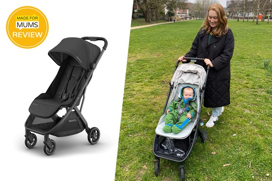 UPPAbaby MINU V3 pushchair review showing product shot and reviewer pushing baby in the buggy on grass UPPAbaby MINU V3 pushchair review showing product shot and reviewer pushing baby in the buggy on grass