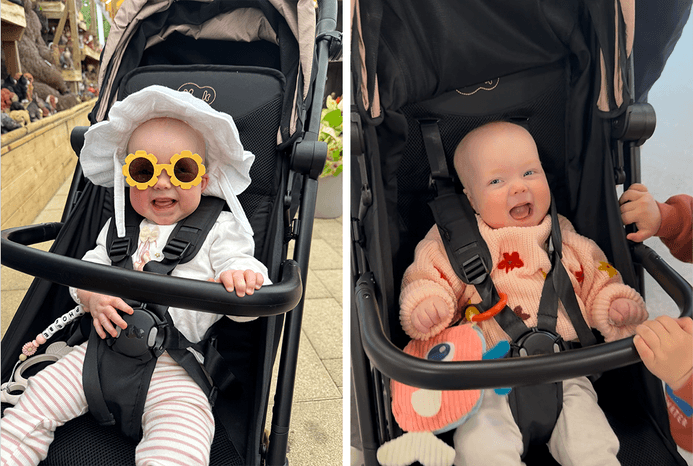 2 pictures of baby in Kinderkraft PILOT 2 stroller