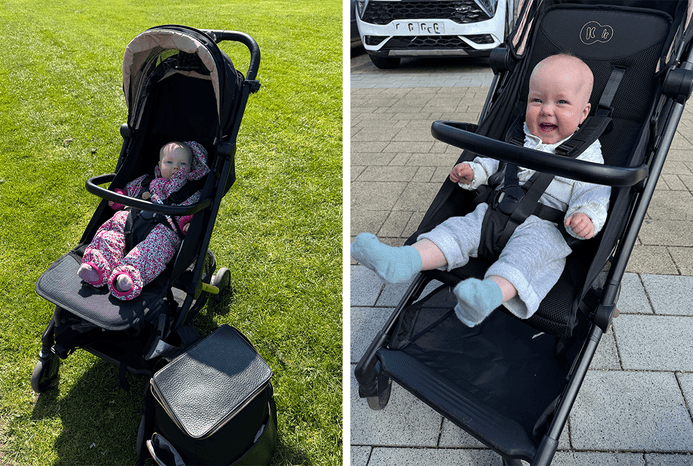 2 pictures of baby in Kinderkraft PILOT 2 stroller on different surfaces