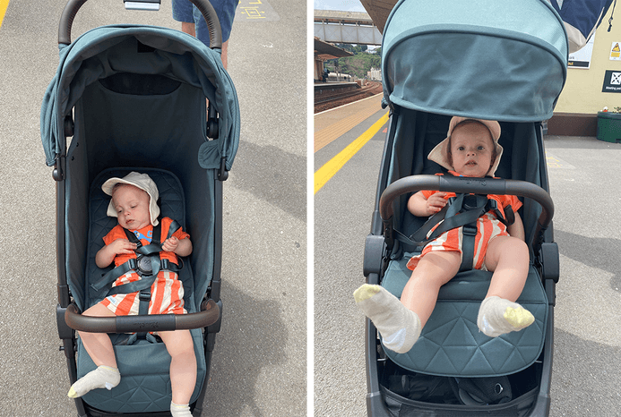 2 pictures of baby lying down in Silver Cross Clic 2 pushchair