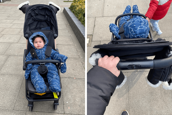 2 pictures of child in snowsuit sitting in Kinderkraft Apino pushchair from front and back view