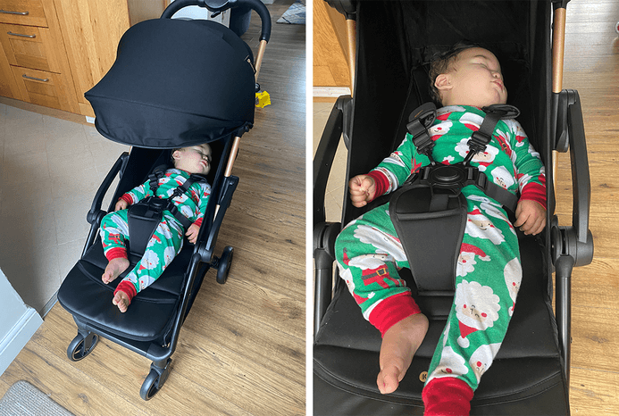 2 pictures of child lying down in reclined Kinderkraft Apino pushchair seat unit