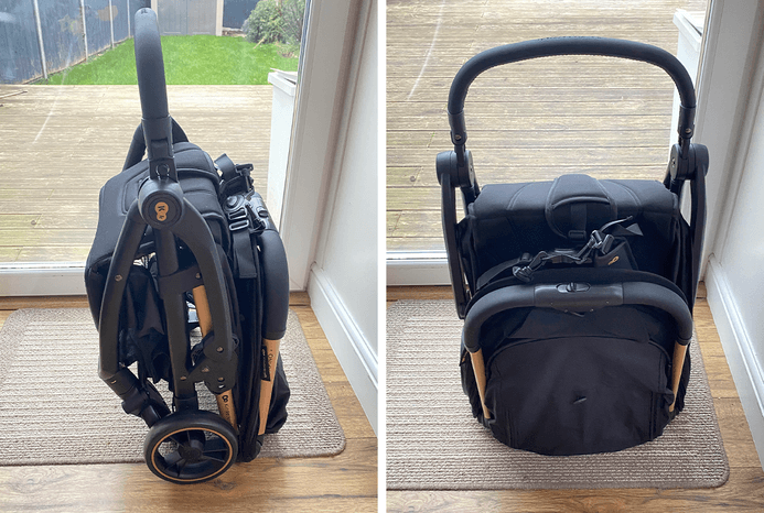 2 pictures of front and side view of Kinderkraft Apino pushchair folded