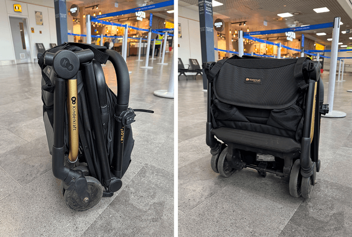 2 pictures of Kinderkraft PILOT 2 stroller folded in airport