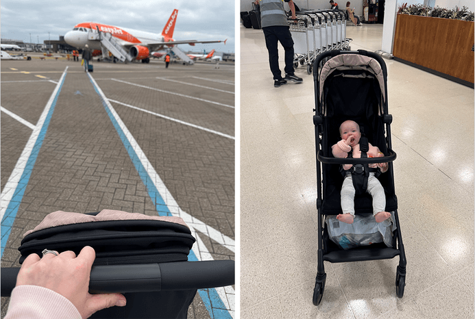 2 pictures of reviewer with Kinderkraft PILOT 2 stroller getting on a plane 2 pictures of reviewer with Kinderkraft PILOT 2 stroller getting on a plane