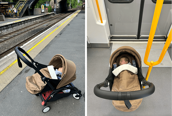 2 pictures of Stokke Yoyo3 pushchair on public transport