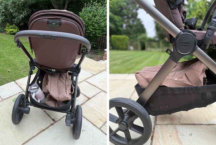 Back and side view of the Bababing Raffi 2.0 pushchair basket Back and side view of the Bababing Raffi 2.0 pushchair basket