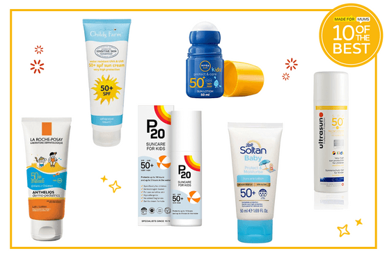 Best sunscreens for kids featuring 6 product shots of different sunscreens