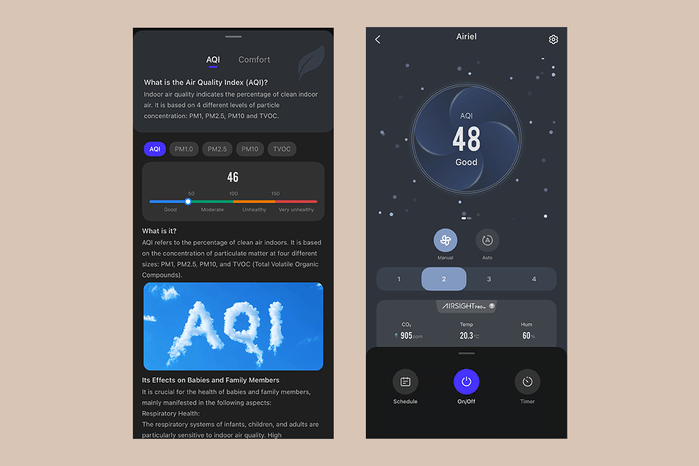 levoit sprout air purifier app homescreen and aqi screen